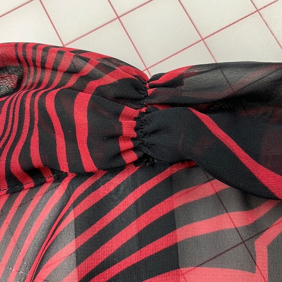 BISOU BISOU Red/Black Swirl Print Smock Waist/Cuff Bell SLV Sheer Party Top XL - Picture 3 of 14